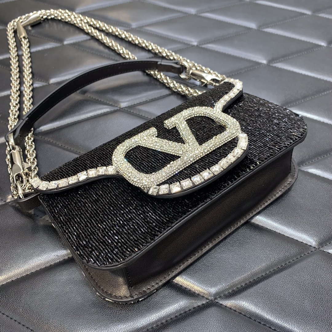 Valentino V3WCRYSTALSILVER Valentino Loc¨° Foldover Top Small Shoulder Bag Black