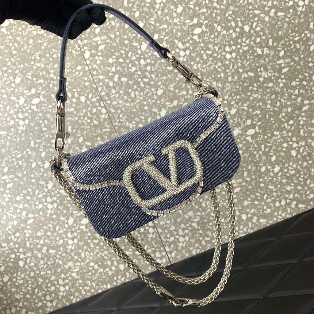 Valentino V3WCRYSTALSILVER Valentino Loc¨° Foldover Top Small Shoulder Bag Blue Purple