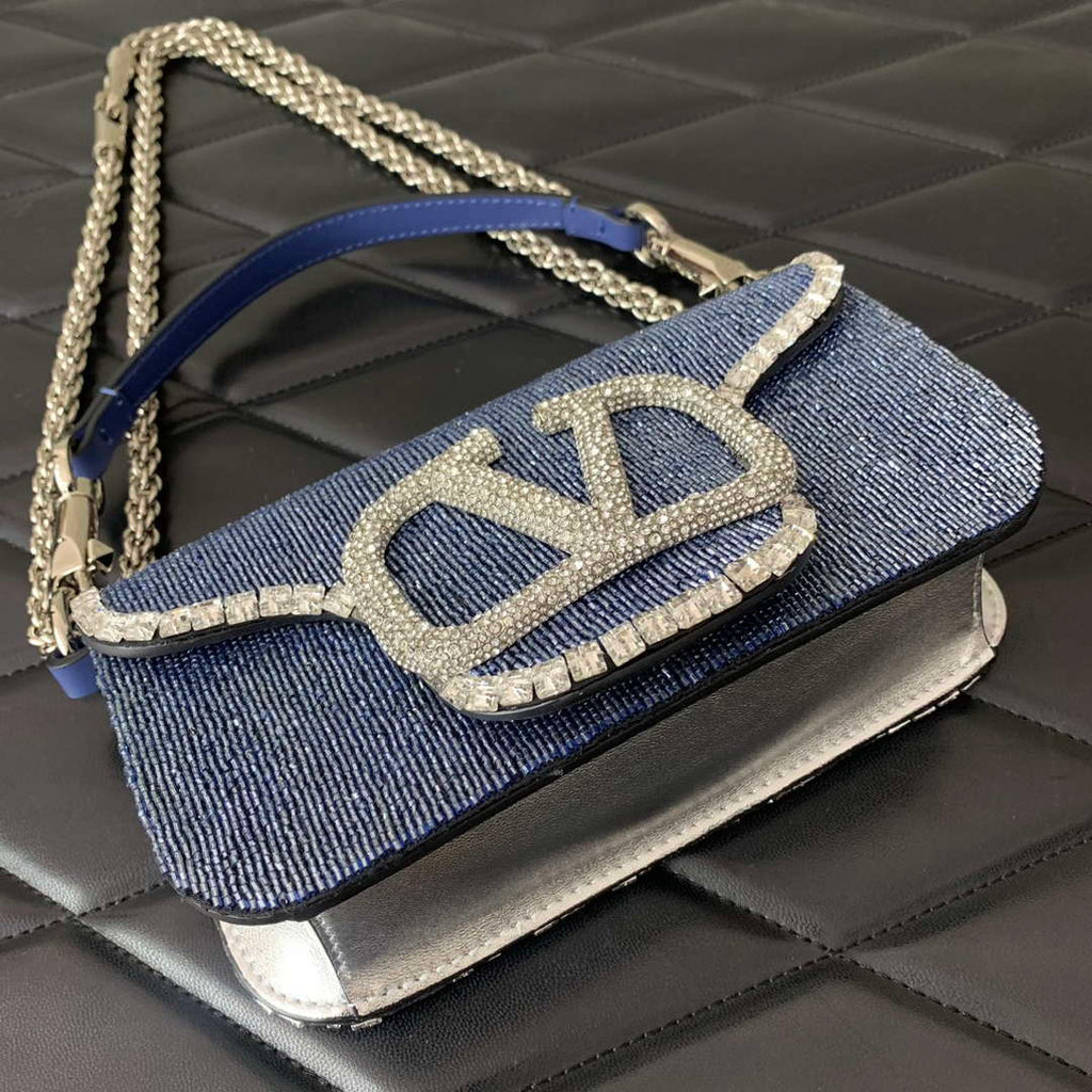 Valentino V3WCRYSTALSILVER Valentino Loc¨° Foldover Top Small Shoulder Bag Blue Purple