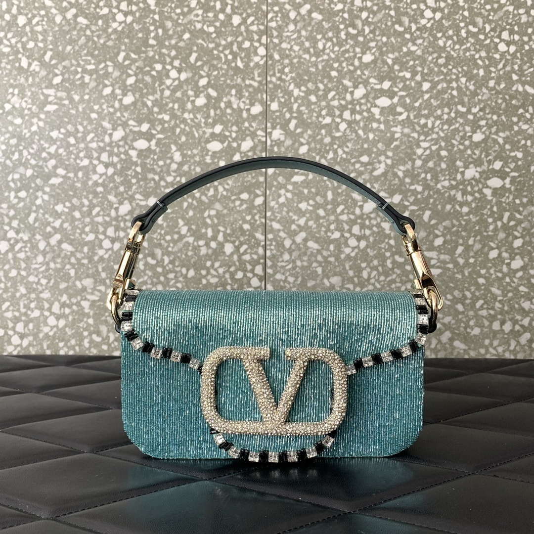 Valentino V3WCRYSTALSILVER Valentino Loc¨° Foldover Top Small Shoulder Bag Ligth Blue