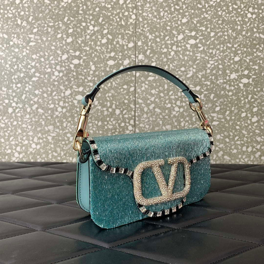 Valentino V3WCRYSTALSILVER Valentino Loc¨° Foldover Top Small Shoulder Bag Ligth Blue
