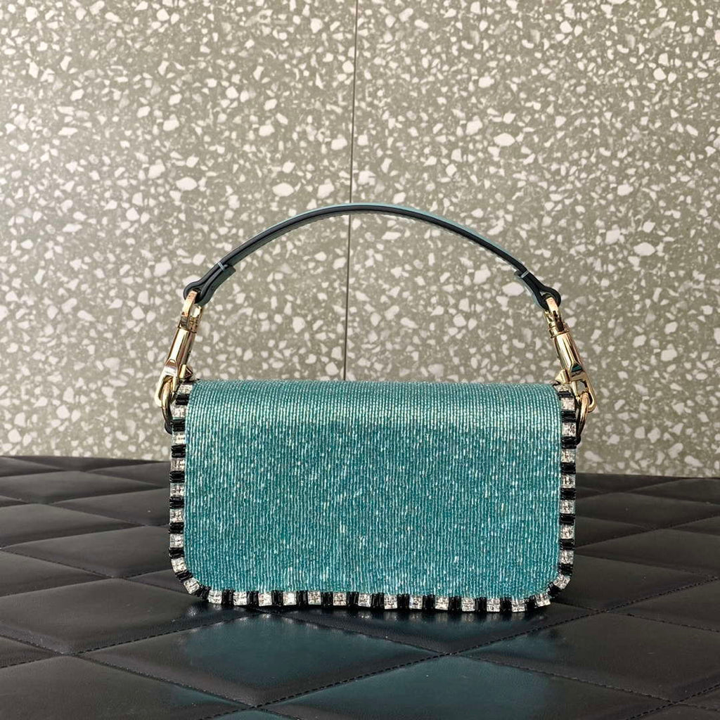 Valentino V3WCRYSTALSILVER Valentino Loc¨° Foldover Top Small Shoulder Bag Ligth Blue