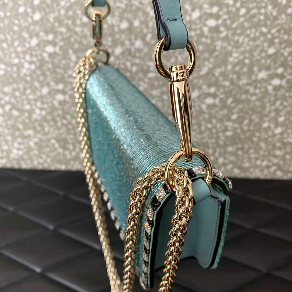Valentino V3WCRYSTALSILVER Valentino Loc¨° Foldover Top Small Shoulder Bag Ligth Blue