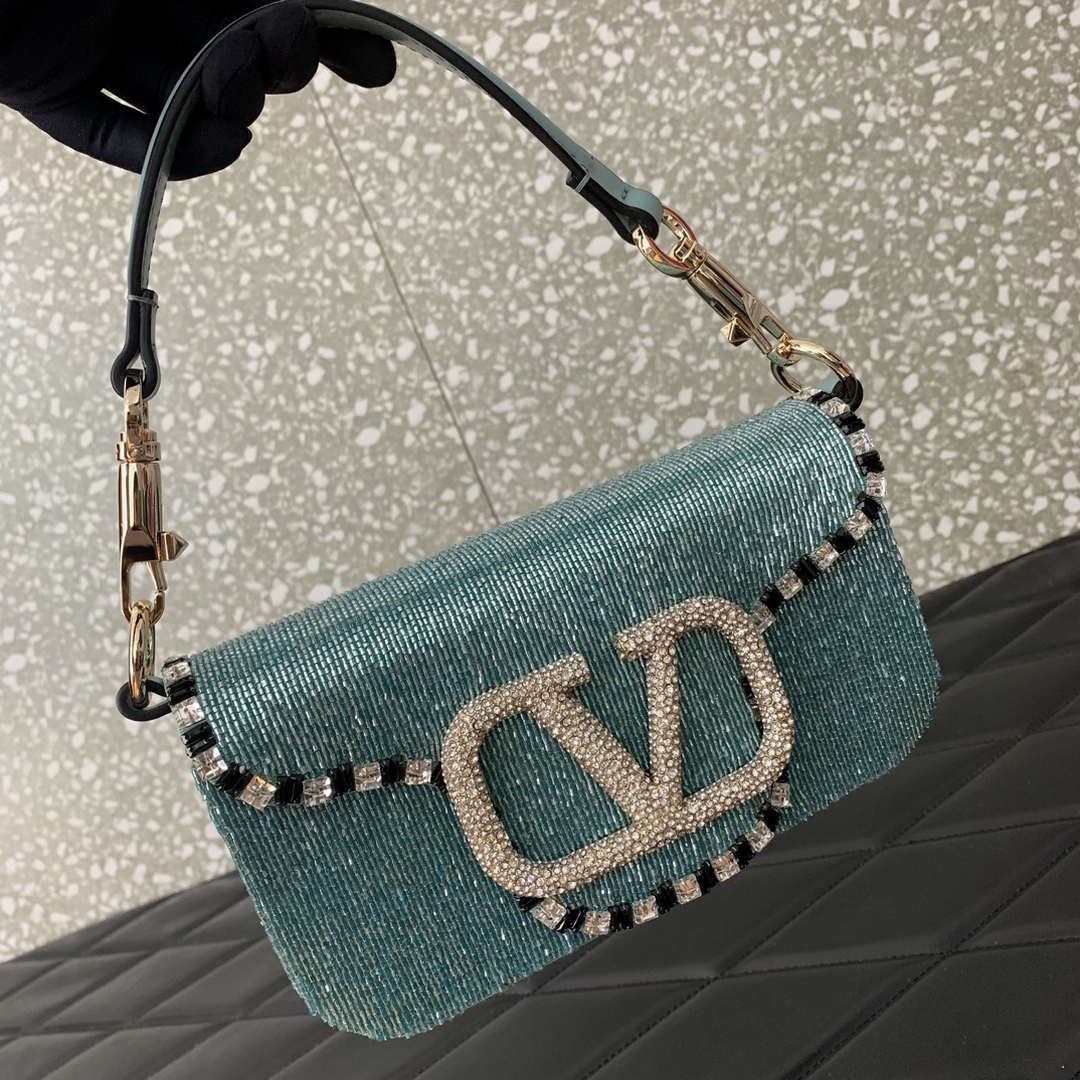 Valentino V3WCRYSTALSILVER Valentino Loc¨° Foldover Top Small Shoulder Bag Ligth Blue