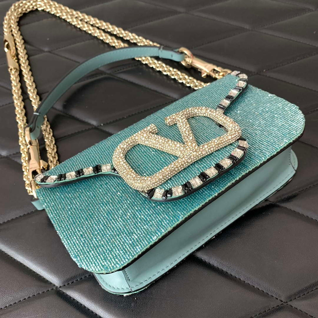 Valentino V3WCRYSTALSILVER Valentino Loc¨° Foldover Top Small Shoulder Bag Ligth Blue
