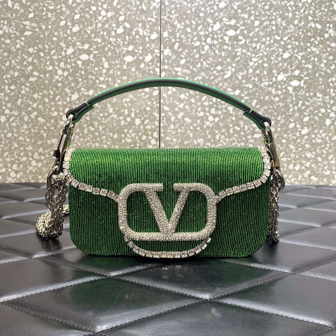 Valentino V3WCRYSTALSILVER Valentino Loc¨° Foldover Top Small Shoulder Bag Green