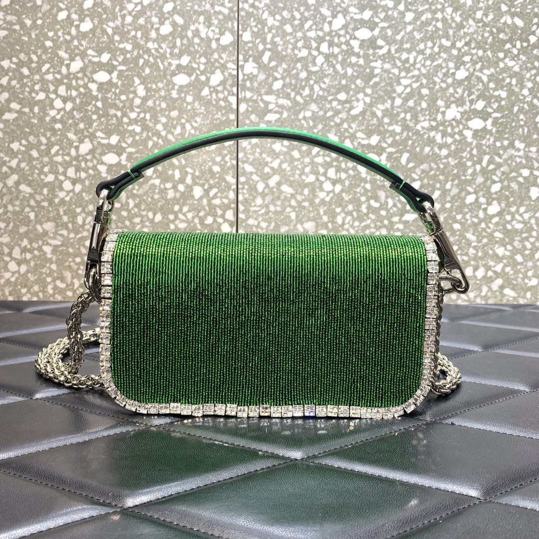 Valentino V3WCRYSTALSILVER Valentino Loc¨° Foldover Top Small Shoulder Bag Green