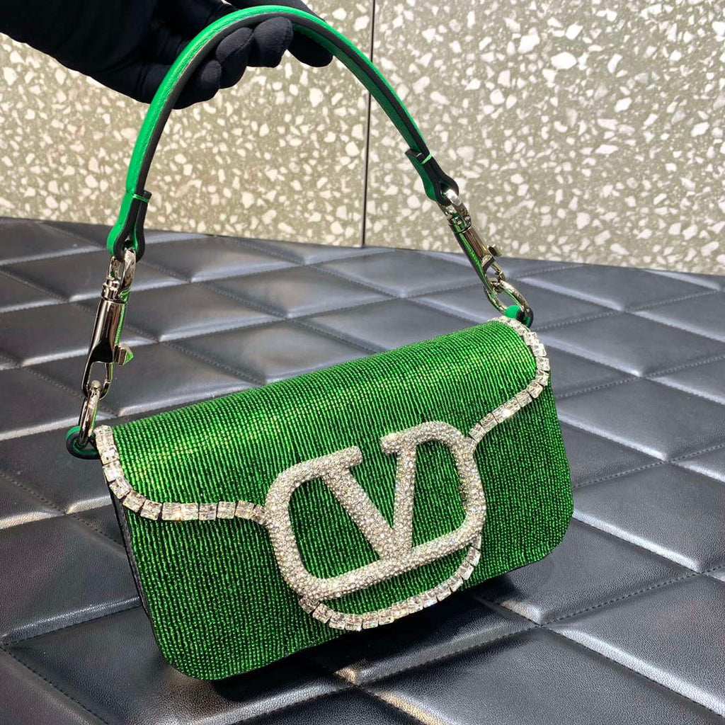 Valentino V3WCRYSTALSILVER Valentino Loc¨° Foldover Top Small Shoulder Bag Green
