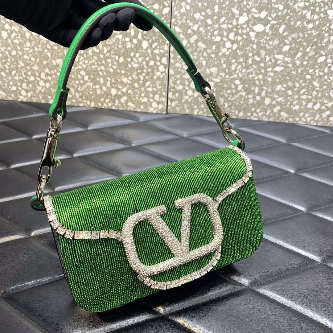 Valentino V3WCRYSTALSILVER Valentino Loc¨° Foldover Top Small Shoulder Bag Green