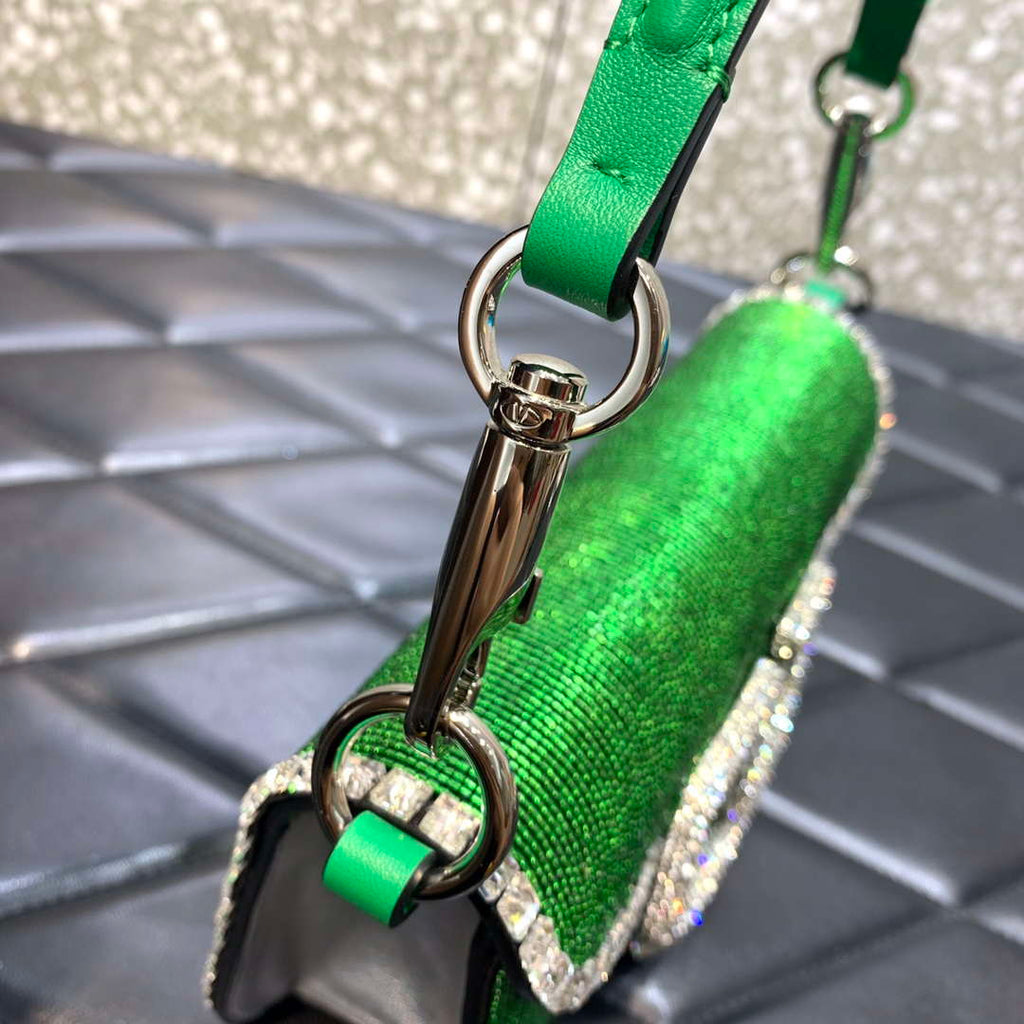 Valentino V3WCRYSTALSILVER Valentino Loc¨° Foldover Top Small Shoulder Bag Green