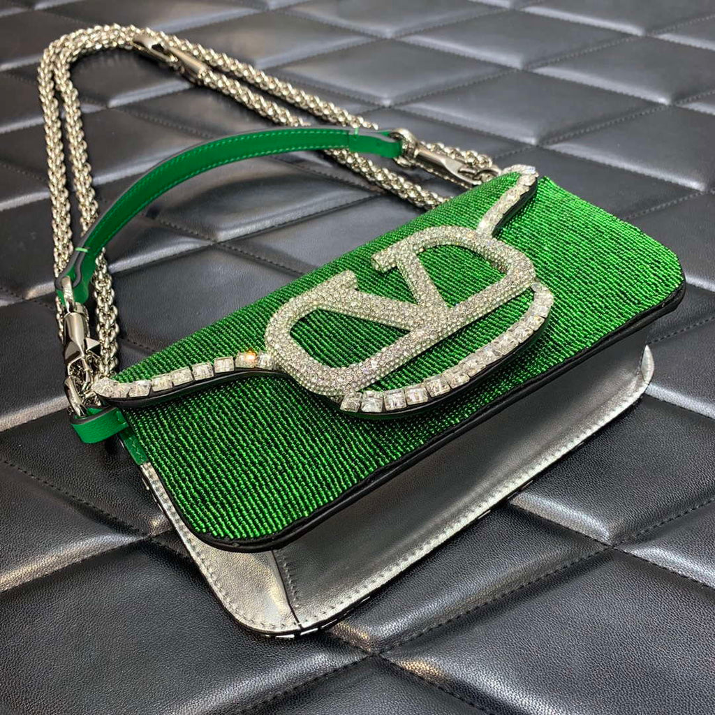 Valentino V3WCRYSTALSILVER Valentino Loc¨° Foldover Top Small Shoulder Bag Green