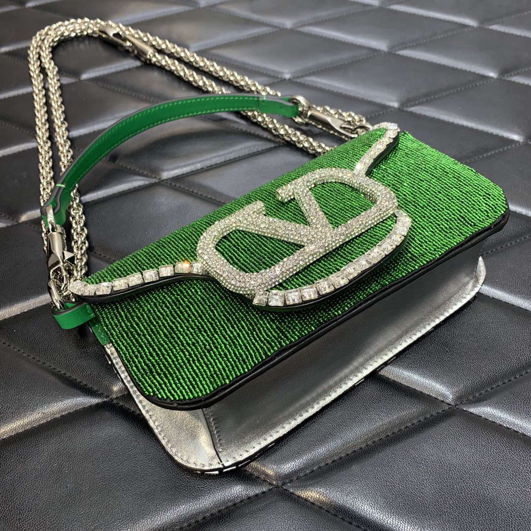 Valentino V3WCRYSTALSILVER Valentino Loc¨° Foldover Top Small Shoulder Bag Green