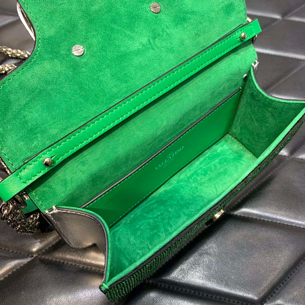 Valentino V3WCRYSTALSILVER Valentino Loc¨° Foldover Top Small Shoulder Bag Green