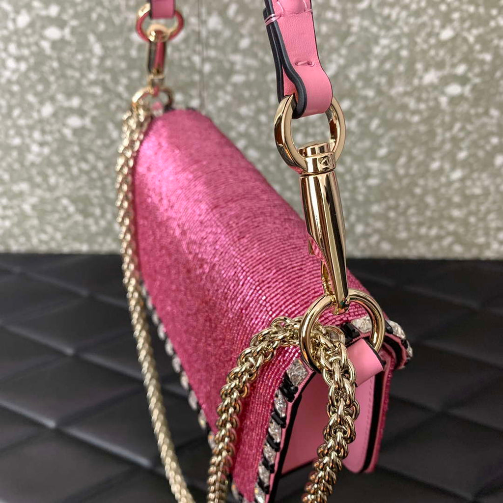 Valentino V3WCRYSTALSILVER Valentino Loc¨° Foldover Top Small Shoulder Bag Pink
