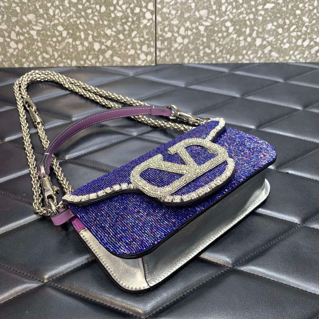 Valentino V3WCRYSTALSILVER Valentino Loc¨° Foldover Top Small Shoulder Bag Purple