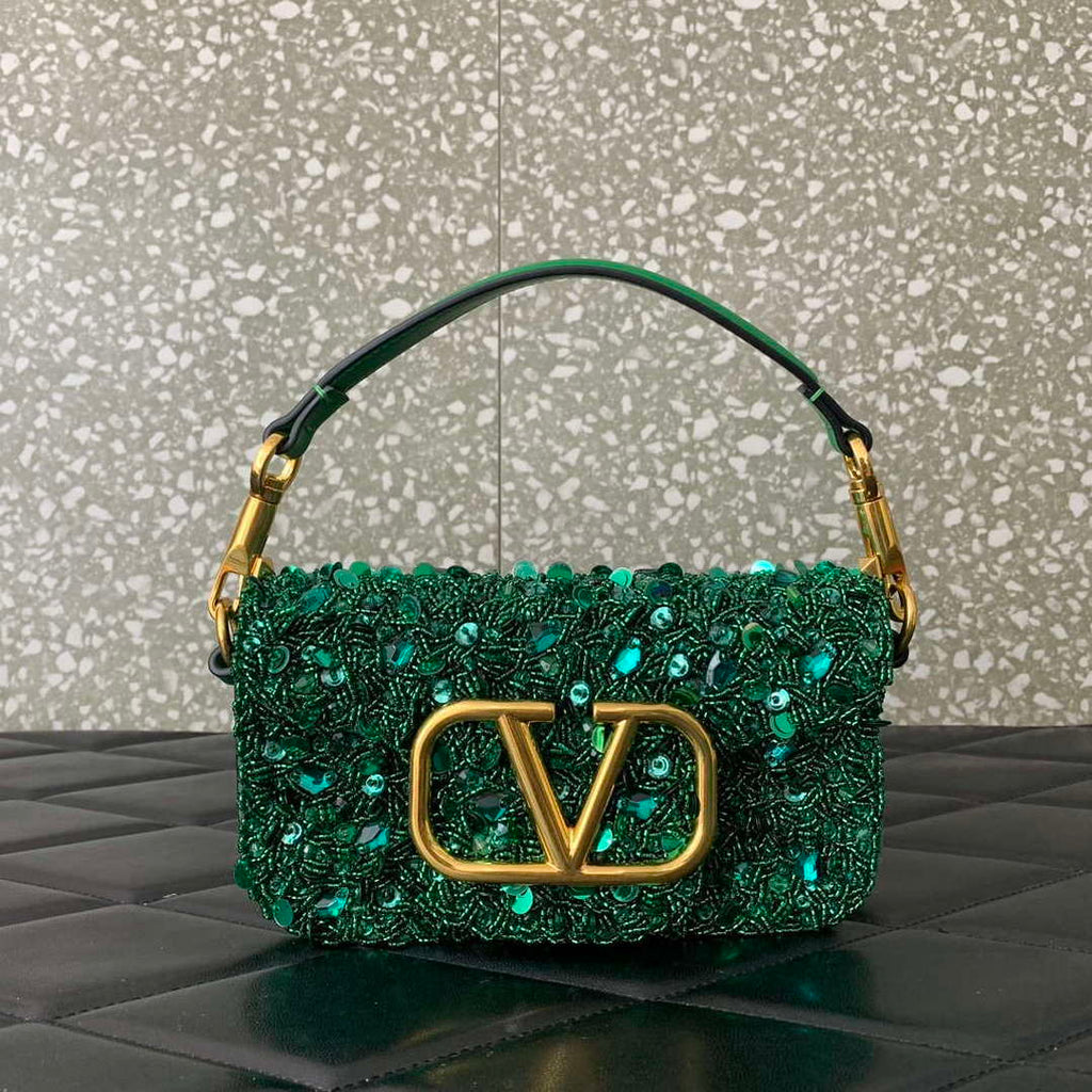 Valentino 2W2B0K53BYYNB6 garavani loc¨° small shoulder bag embroidered with jewel logo Green