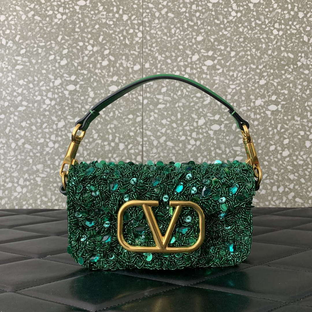 Valentino 2W2B0K53BYYNB6 garavani loc¨° small shoulder bag embroidered with jewel logo Green