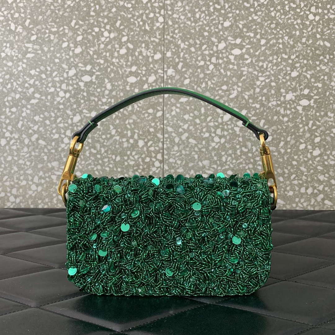 Valentino 2W2B0K53BYYNB6 garavani loc¨° small shoulder bag embroidered with jewel logo Green
