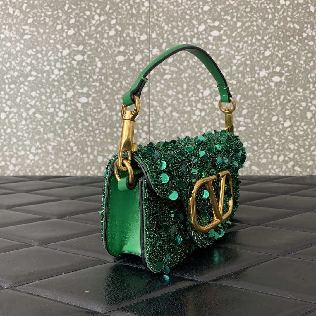 Valentino 2W2B0K53BYYNB6 garavani loc¨° small shoulder bag embroidered with jewel logo Green