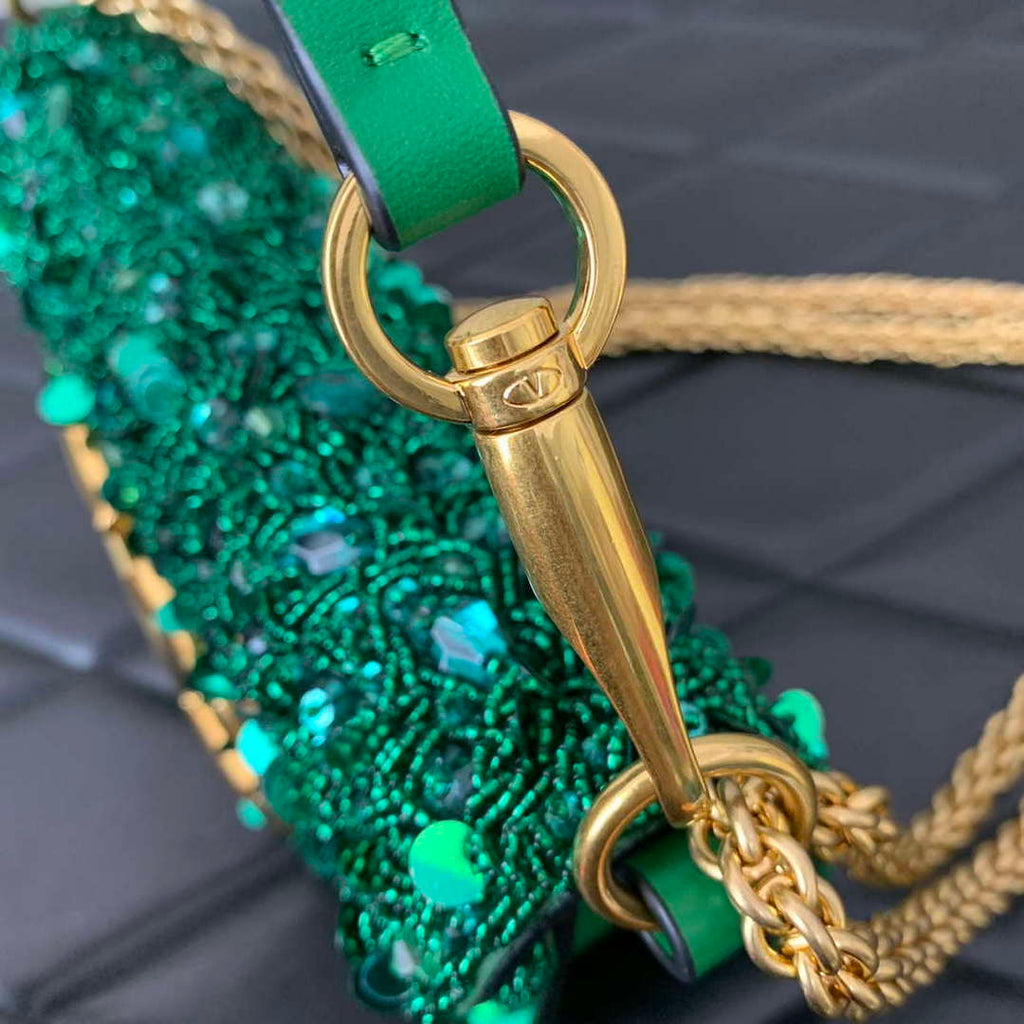 Valentino 2W2B0K53BYYNB6 garavani loc¨° small shoulder bag embroidered with jewel logo Green