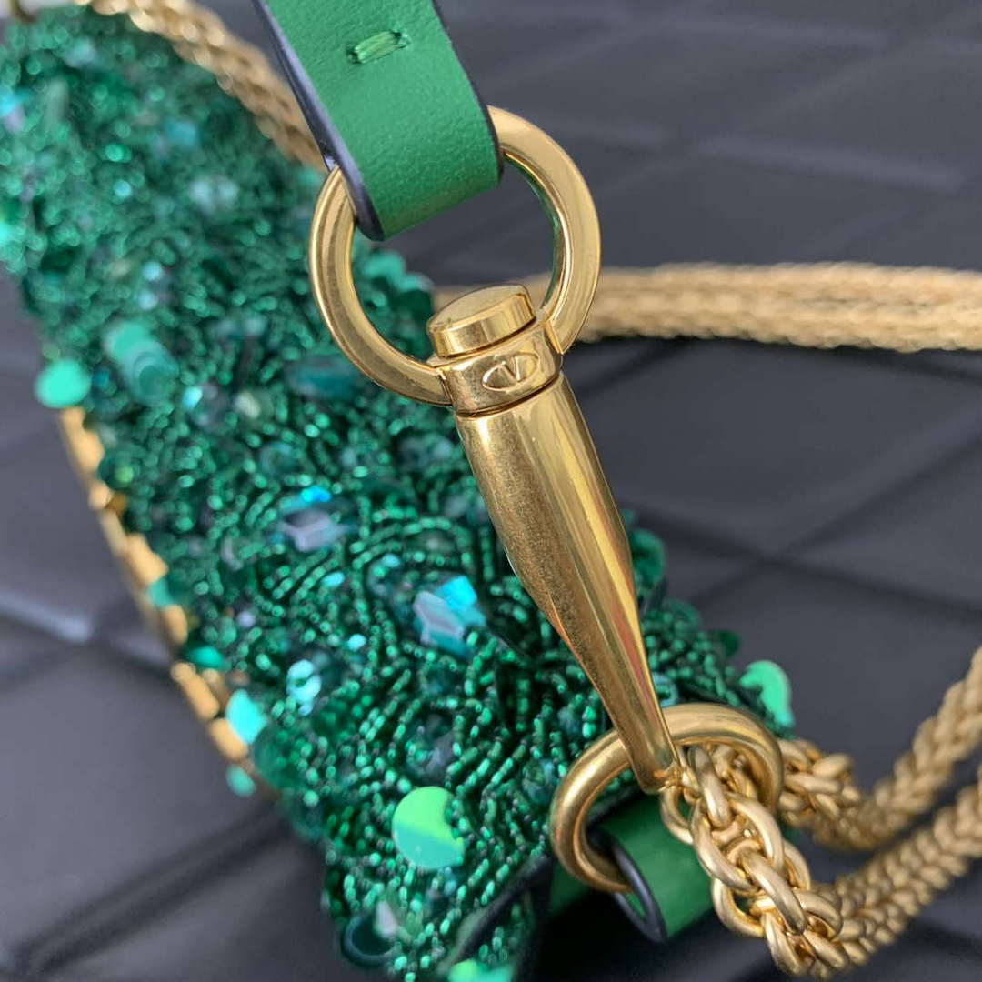 Valentino 2W2B0K53BYYNB6 garavani loc¨° small shoulder bag embroidered with jewel logo Green