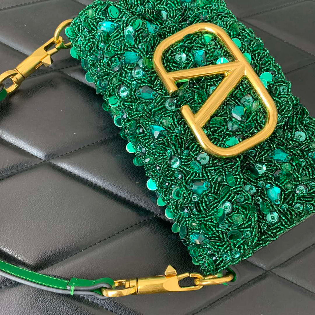 Valentino 2W2B0K53BYYNB6 garavani loc¨° small shoulder bag embroidered with jewel logo Green