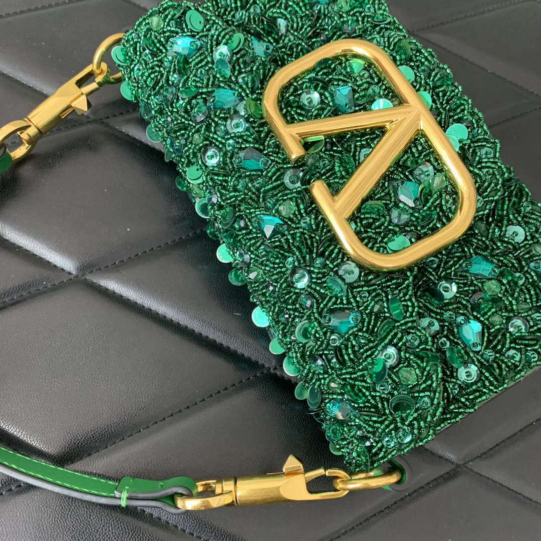Valentino 2W2B0K53BYYNB6 garavani loc¨° small shoulder bag embroidered with jewel logo Green