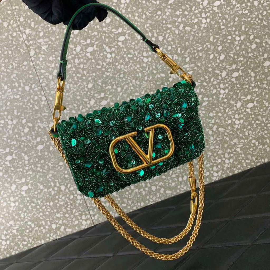 Valentino 2W2B0K53BYYNB6 garavani loc¨° small shoulder bag embroidered with jewel logo Green