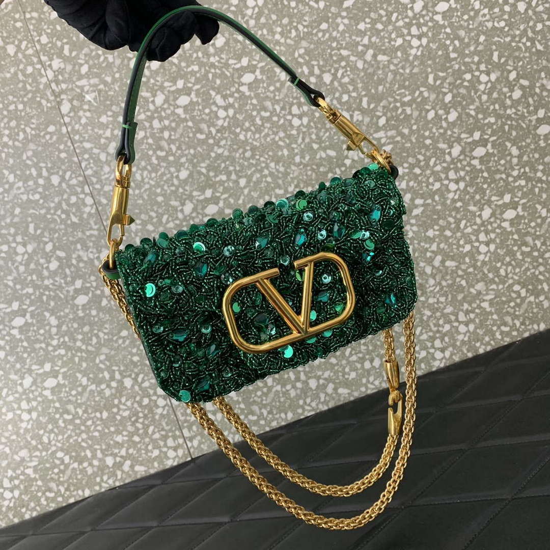 Valentino 2W2B0K53BYYNB6 garavani loc¨° small shoulder bag embroidered with jewel logo Green