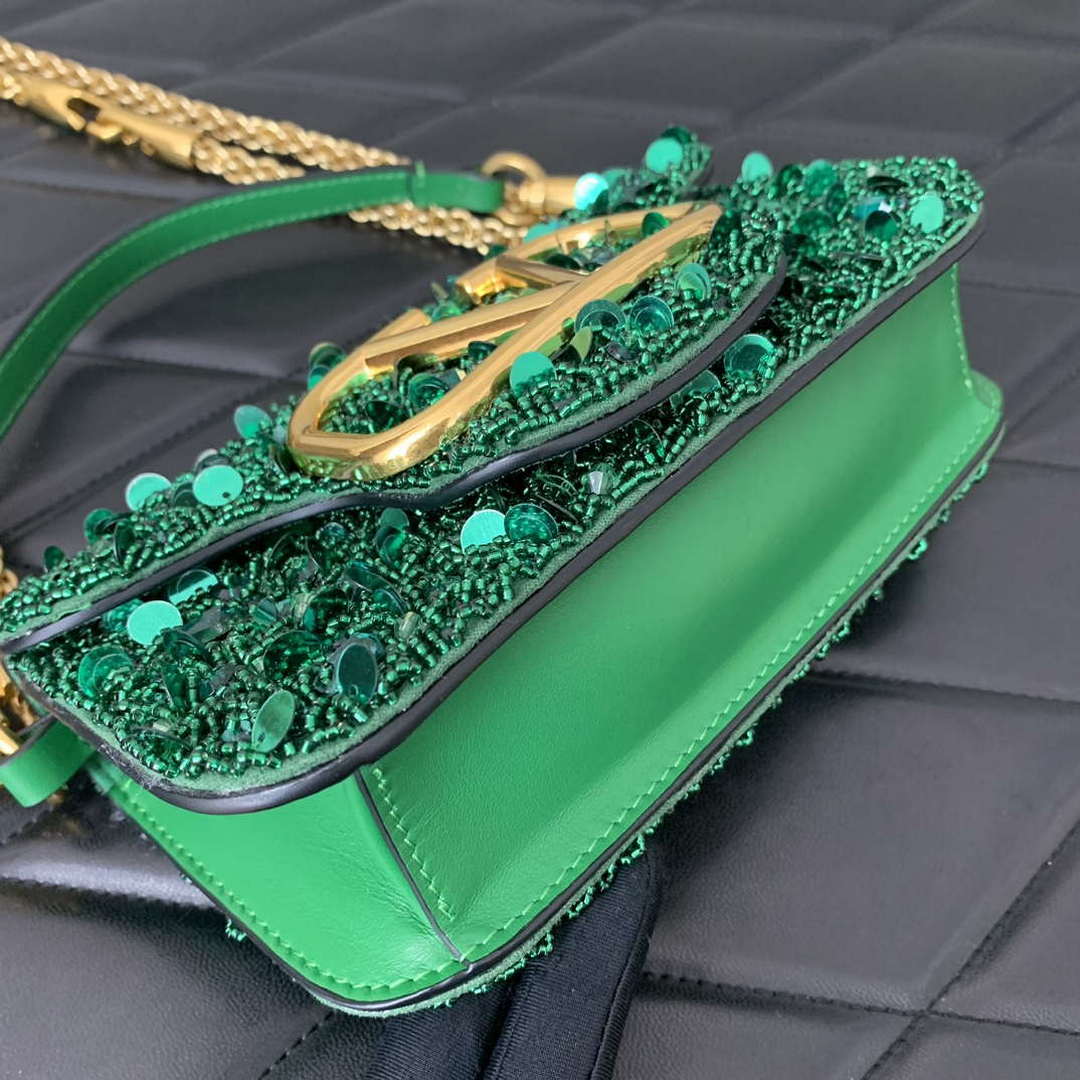 Valentino 2W2B0K53BYYNB6 garavani loc¨° small shoulder bag embroidered with jewel logo Green