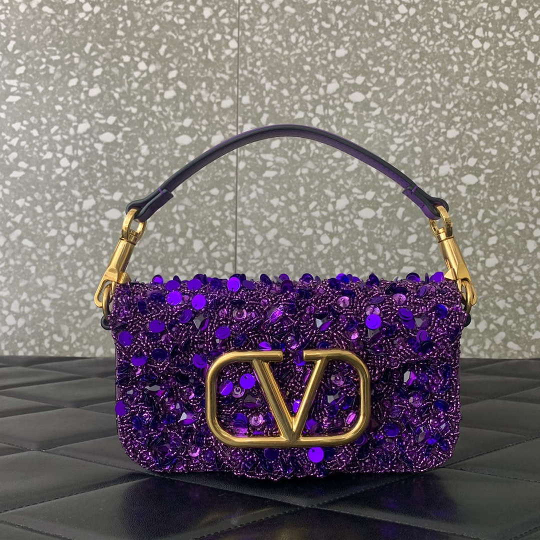 Valentino 2W2B0K53BYYNB6 garavani loc¨° small shoulder bag embroidered with jewel logo Purple
