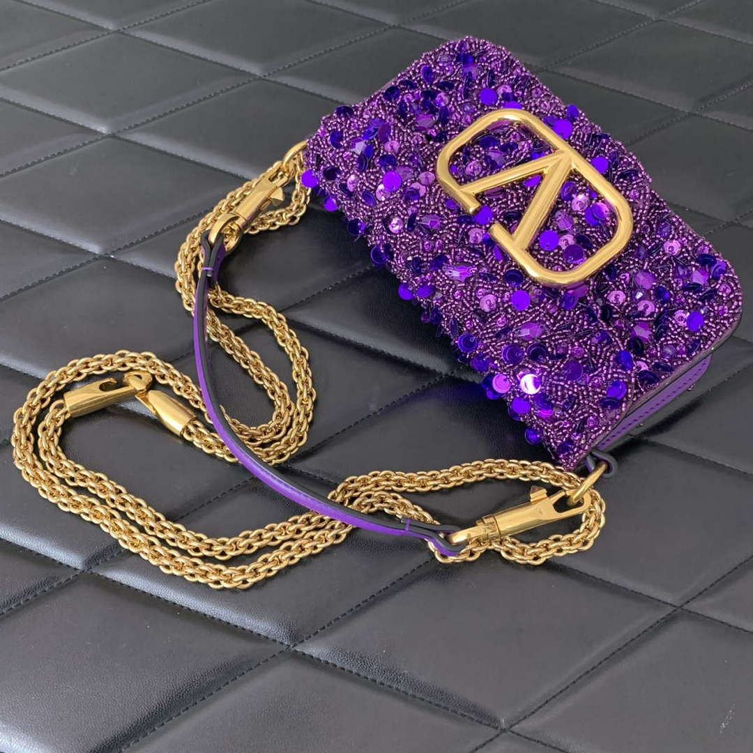Valentino 2W2B0K53BYYNB6 garavani loc¨° small shoulder bag embroidered with jewel logo Purple