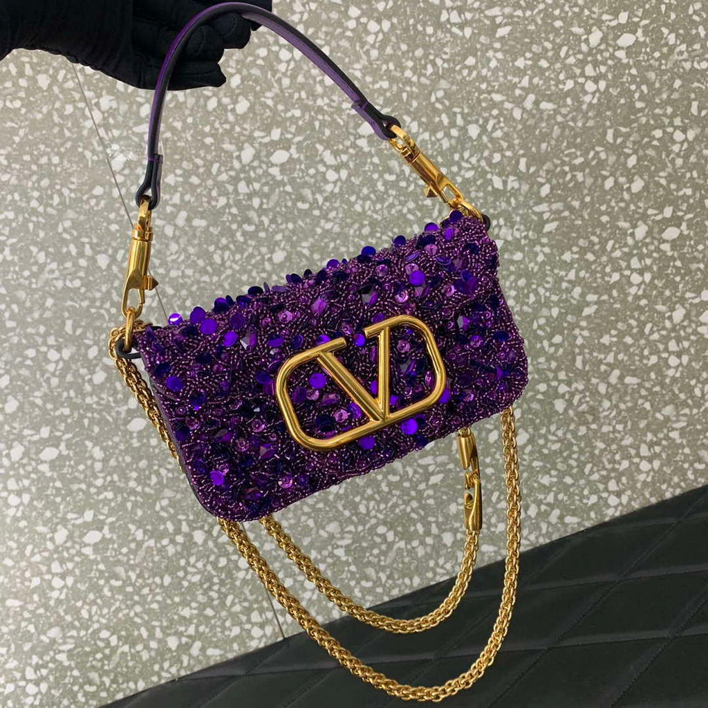 Valentino 2W2B0K53BYYNB6 garavani loc¨° small shoulder bag embroidered with jewel logo Purple