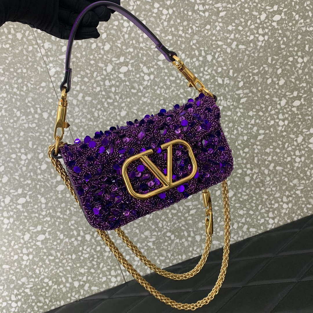 Valentino 2W2B0K53BYYNB6 garavani loc¨° small shoulder bag embroidered with jewel logo Purple
