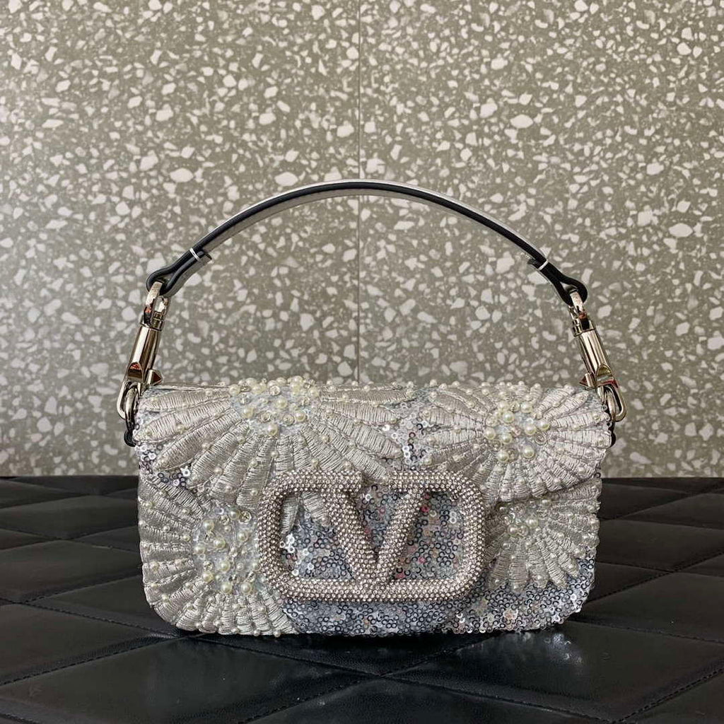 Valentino 2W2B0K53BYYNB6 garavani loc¨° small shoulder bag embroidered with jewel logo White