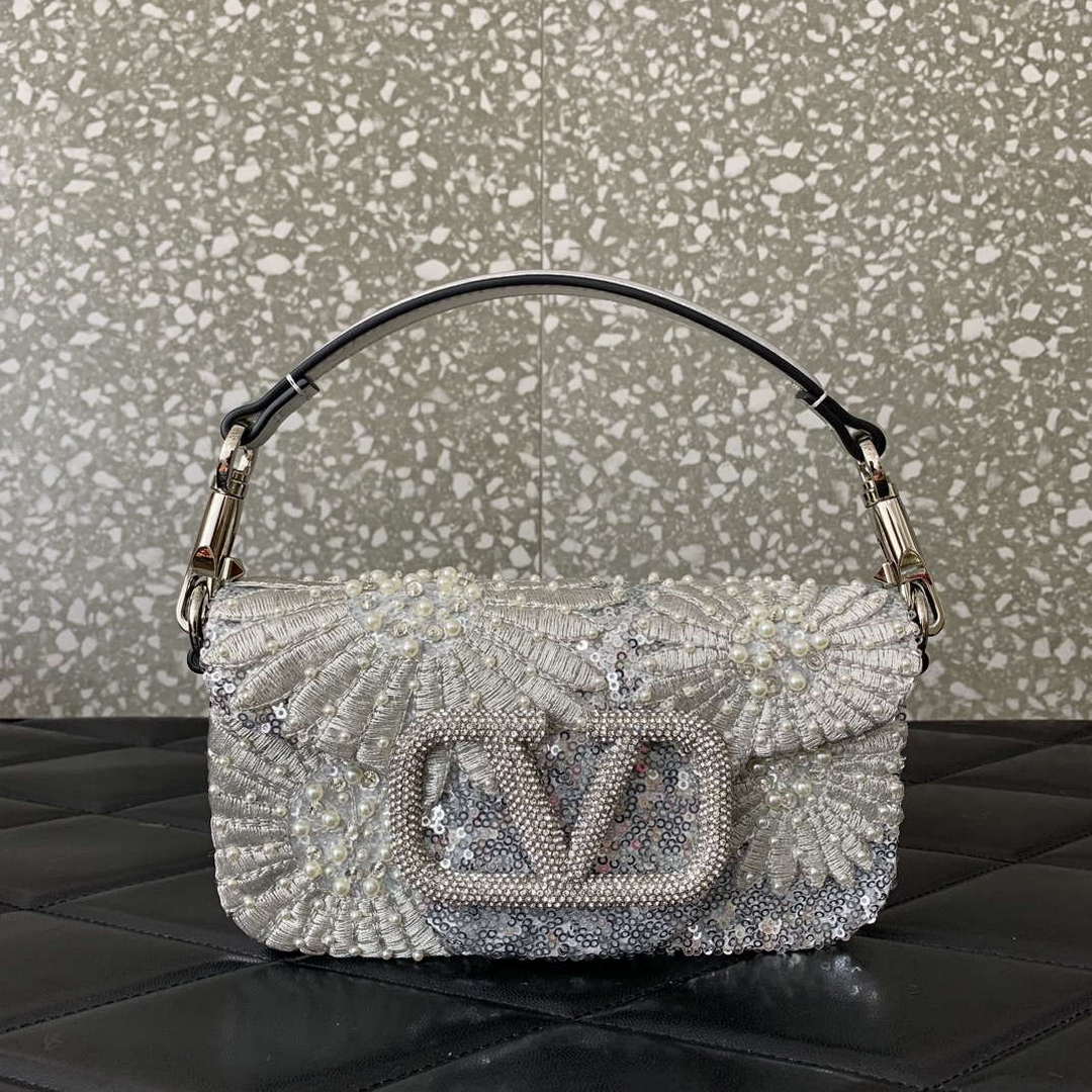 Valentino 2W2B0K53BYYNB6 garavani loc¨° small shoulder bag embroidered with jewel logo White