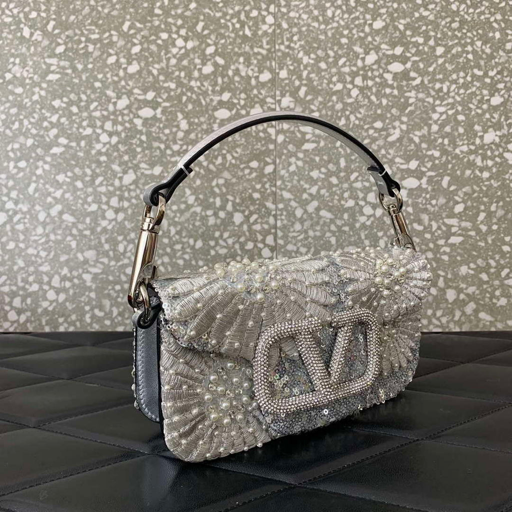 Valentino 2W2B0K53BYYNB6 garavani loc¨° small shoulder bag embroidered with jewel logo White