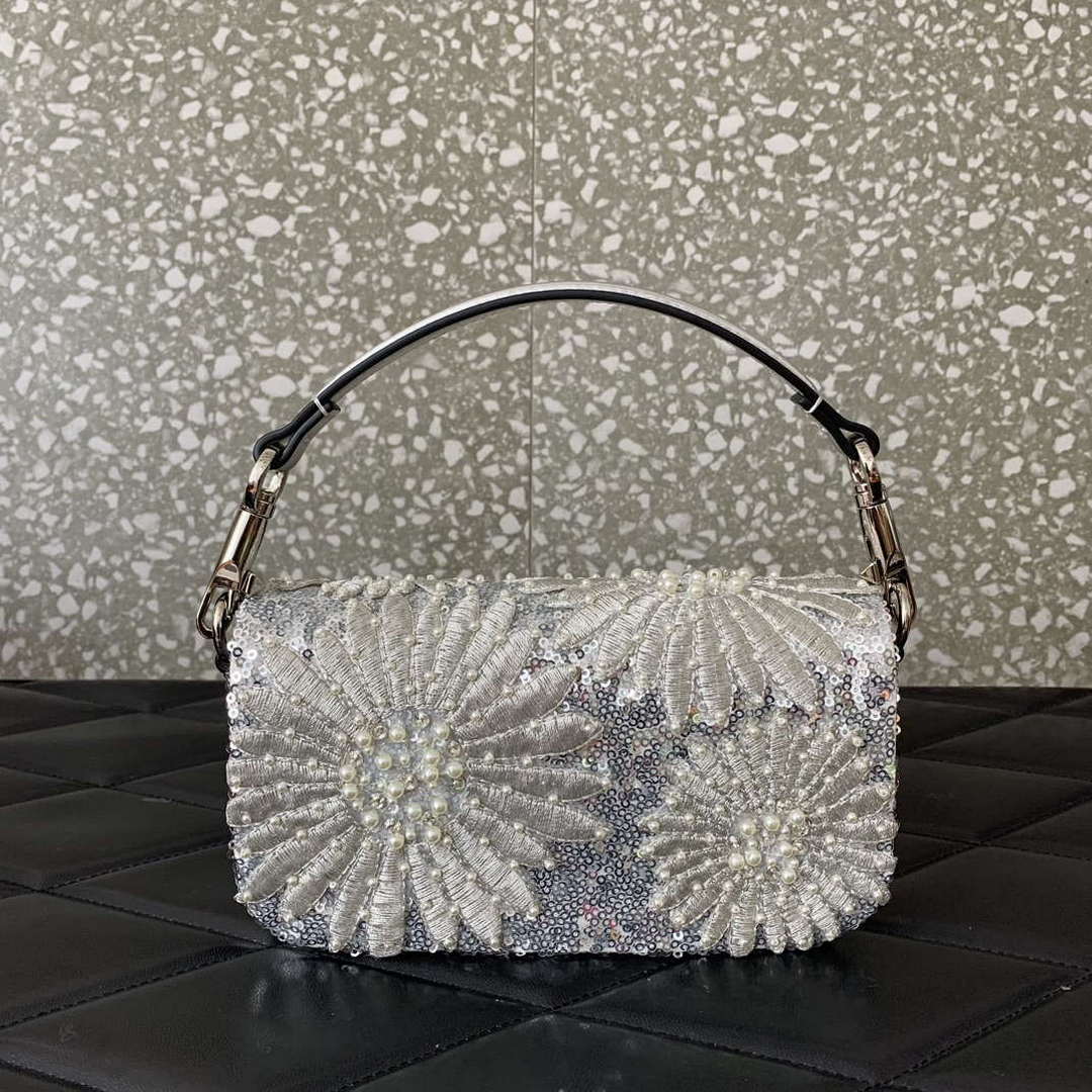 Valentino 2W2B0K53BYYNB6 garavani loc¨° small shoulder bag embroidered with jewel logo White
