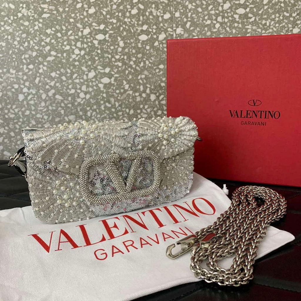 Valentino 2W2B0K53BYYNB6 garavani loc¨° small shoulder bag embroidered with jewel logo White