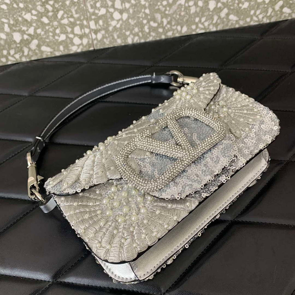 Valentino 2W2B0K53BYYNB6 garavani loc¨° small shoulder bag embroidered with jewel logo White
