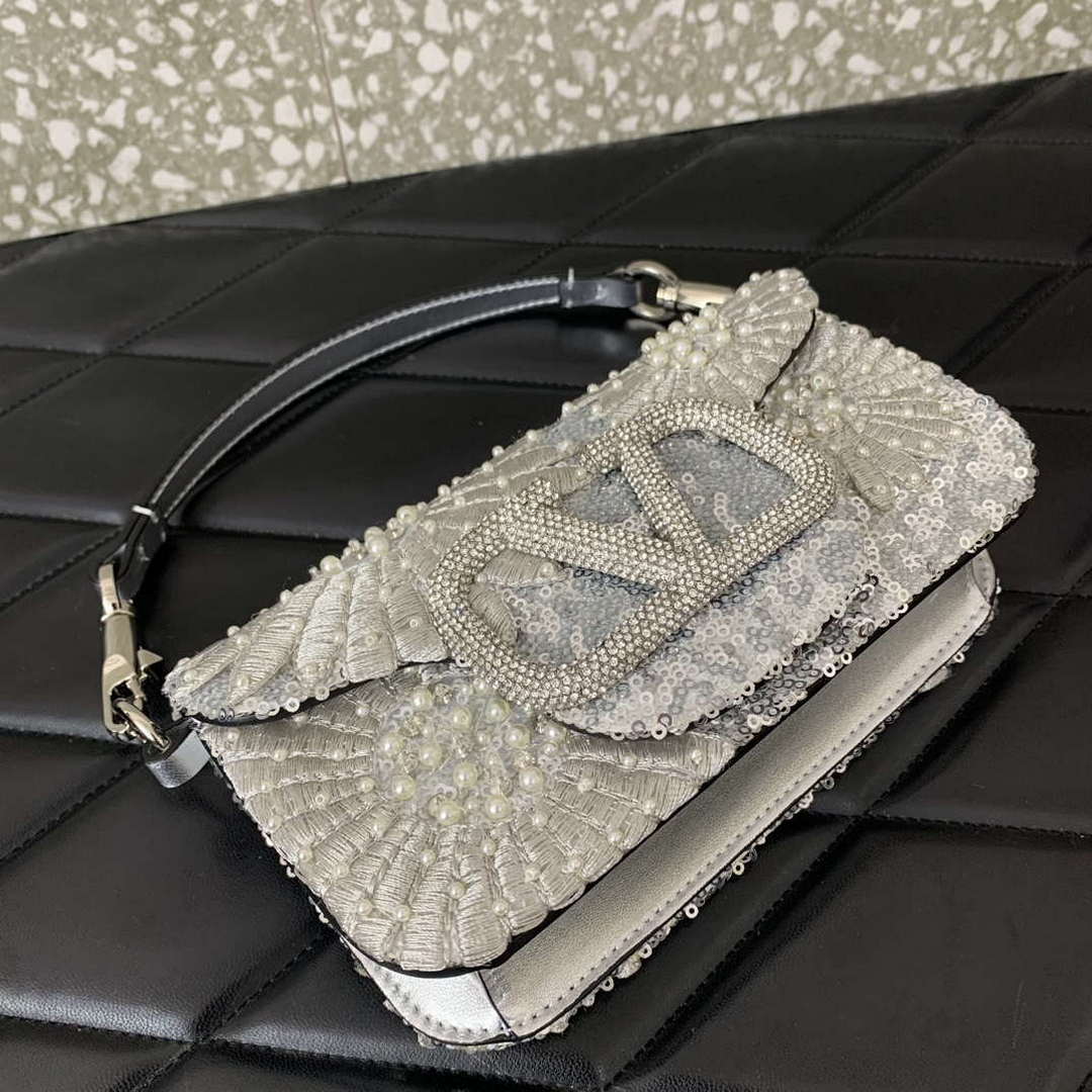 Valentino 2W2B0K53BYYNB6 garavani loc¨° small shoulder bag embroidered with jewel logo White