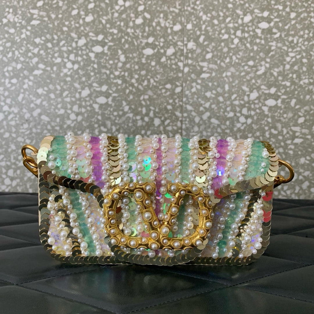 Valentino WB0K53RQI_AAC  Garavani Locò small shoulder bag with pearls rhinestones and jewel logo