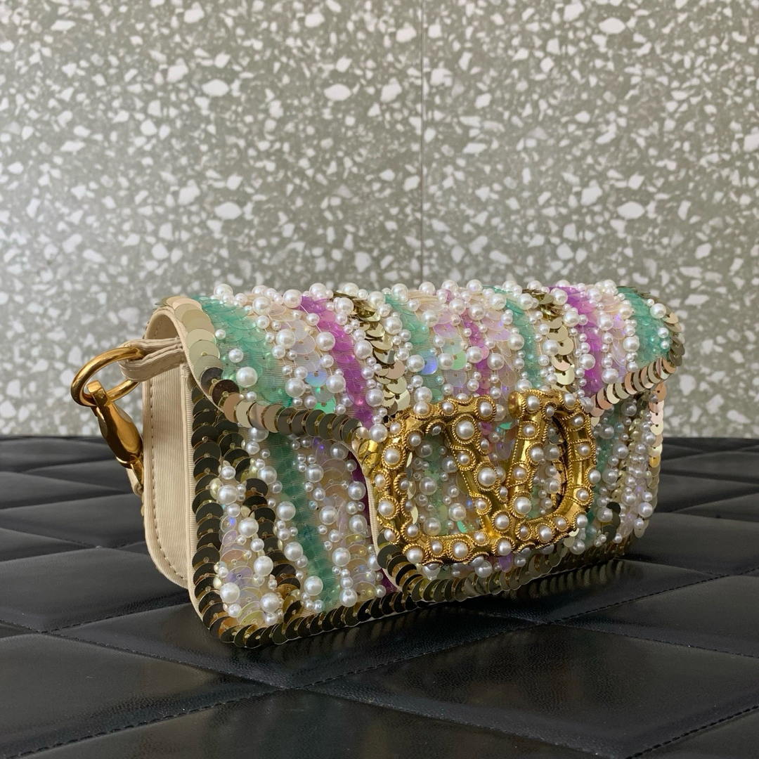 Valentino WB0K53RQI_AAC  Garavani Locò small shoulder bag with pearls rhinestones and jewel logo