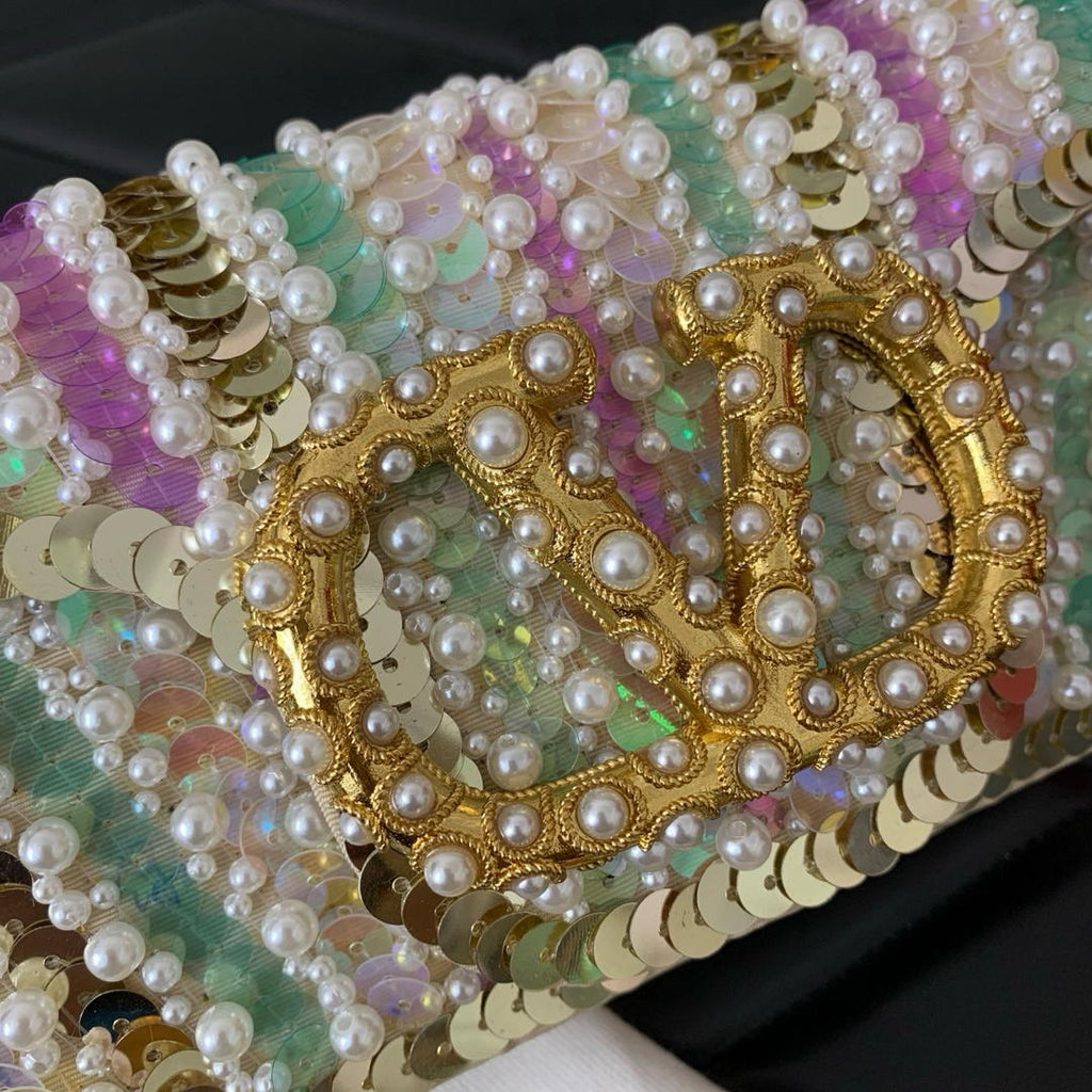 Valentino WB0K53RQI_AAC  Garavani Locò small shoulder bag with pearls rhinestones and jewel logo