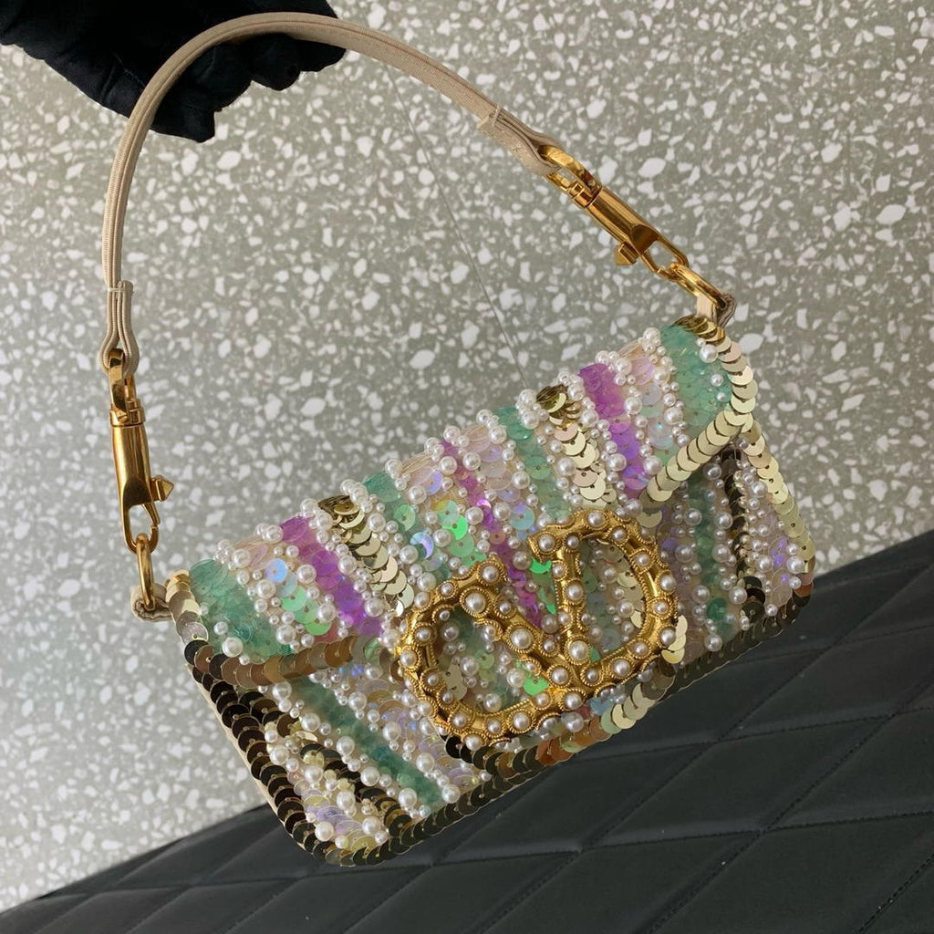 Valentino WB0K53RQI_AAC  Garavani Locò small shoulder bag with pearls rhinestones and jewel logo