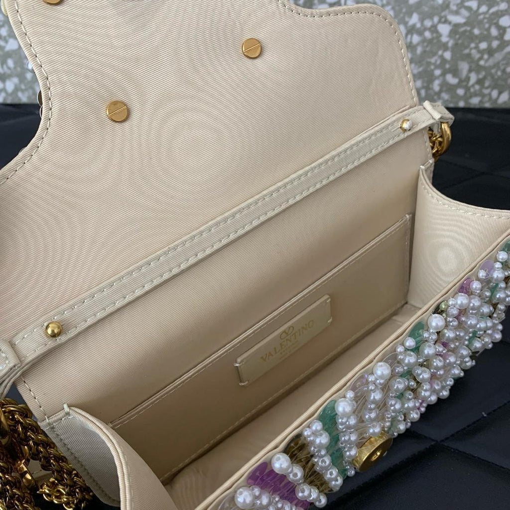 Valentino WB0K53RQI_AAC  Garavani Locò small shoulder bag with pearls rhinestones and jewel logo