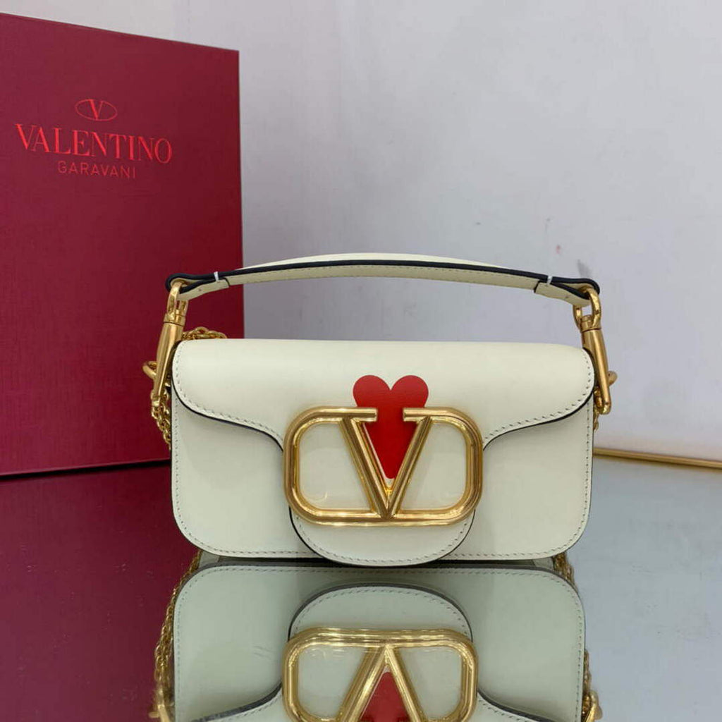 Valentino WB0K53ZXL Loc¨° Small Shoulder Bag in Calfskin Light Ivory red