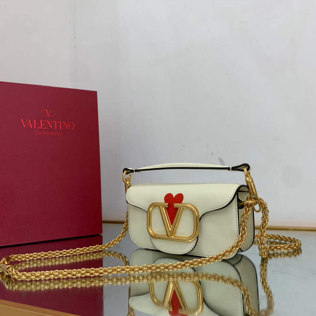 Valentino WB0K53ZXL Loc¨° Small Shoulder Bag in Calfskin Light Ivory red