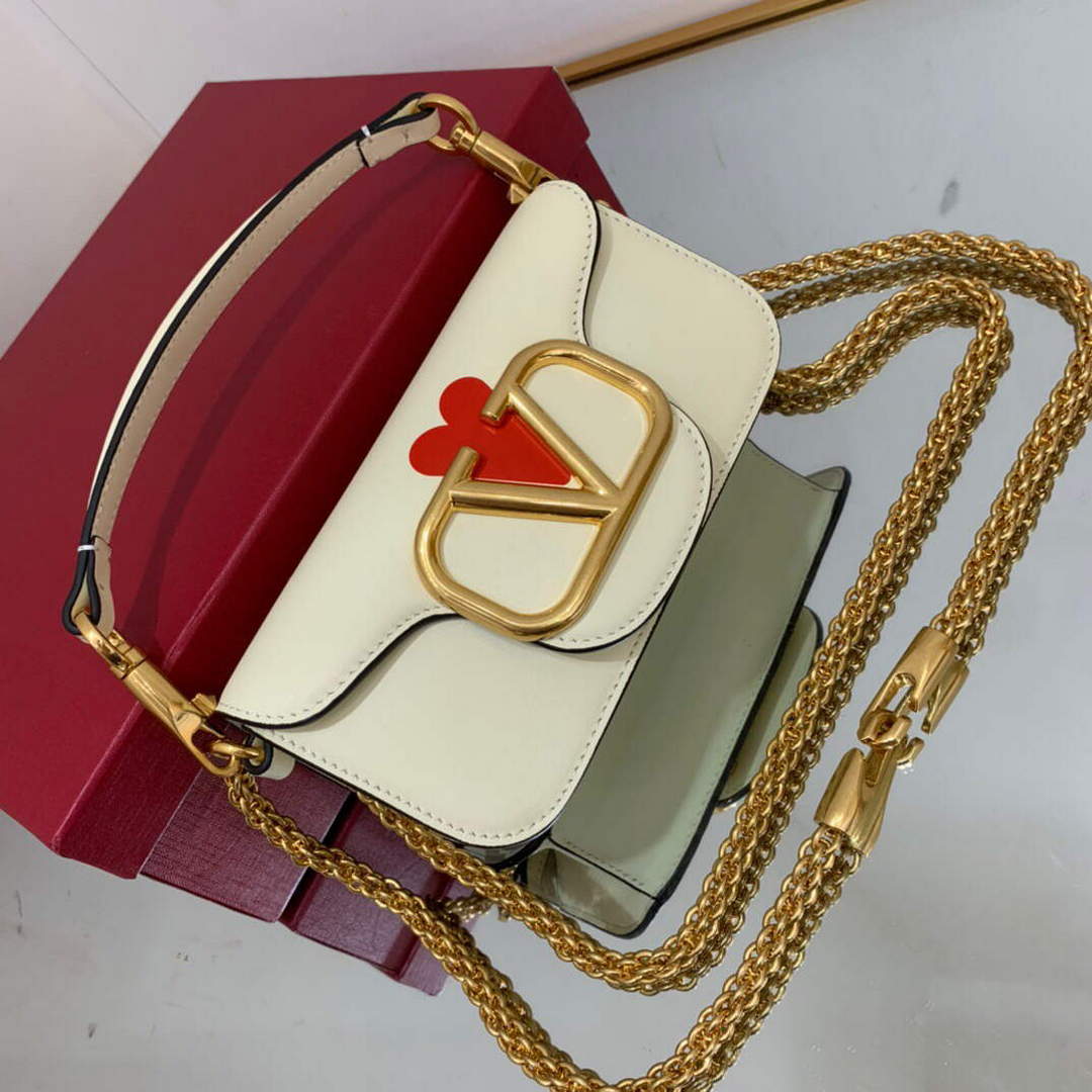 Valentino WB0K53ZXL Loc¨° Small Shoulder Bag in Calfskin Light Ivory red