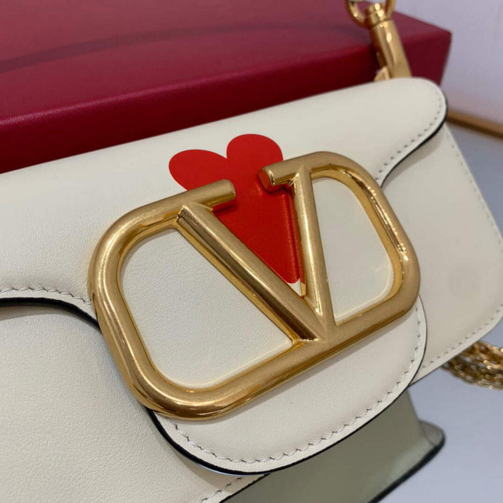 Valentino WB0K53ZXL Loc¨° Small Shoulder Bag in Calfskin Light Ivory red